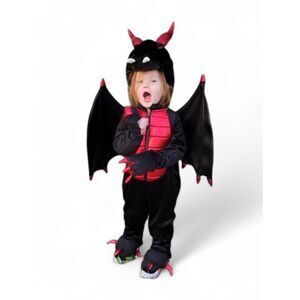 Hallow's Eve Kids Black and Red Dragon Costume - Plush Winged Jumpsuit 3T